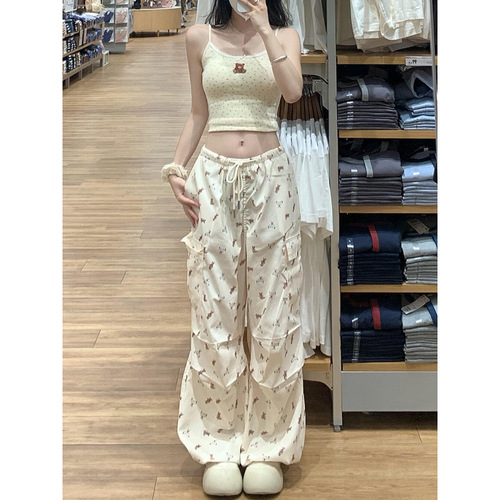 American Retro Print Work Pants for Women - Summer Thin Straight Leg Wide Leg Pants for Women - Casual Floral Long Pants for Women - Trendy