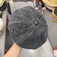 港风重工柳丁显瘦水洗棉布贝雷帽子女春秋百搭时装帽圆顶南瓜帽潮