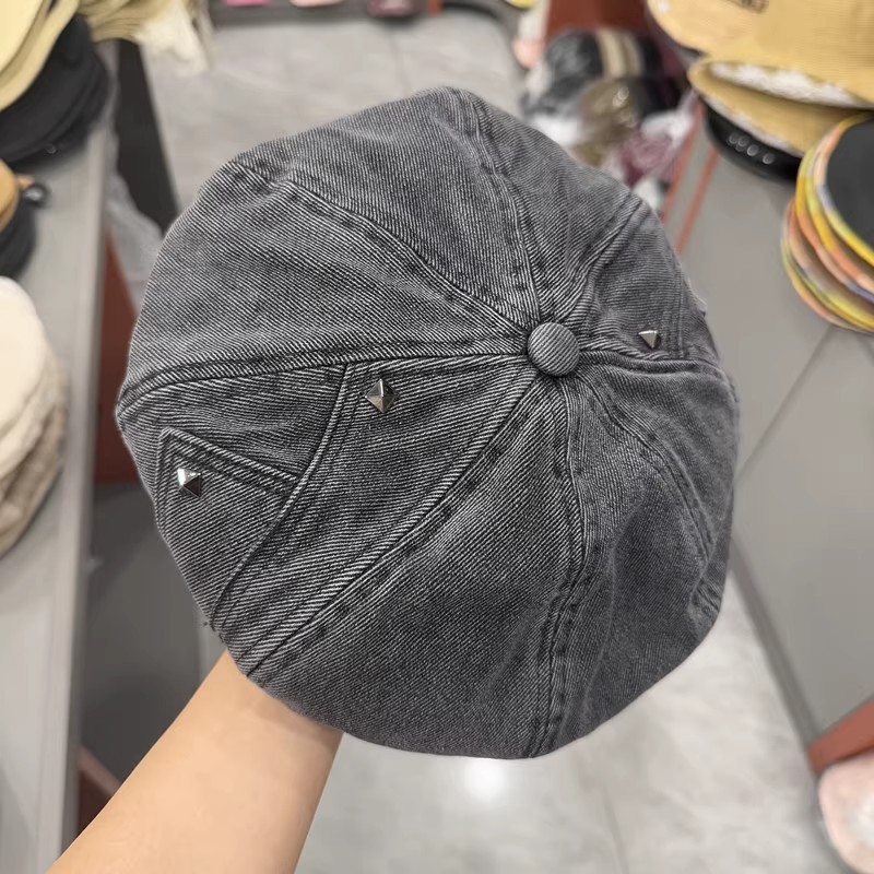 港风重工柳丁显瘦水洗棉布贝雷帽子女春秋百搭时装帽圆顶南瓜帽潮|undefined