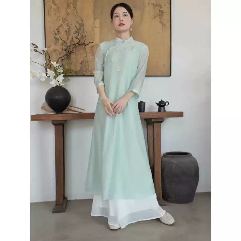 Зеленый Cheongsam, летнее прохладное и элегантное новое художественное чайное платье в китайском стиле с девчачьим темпераментом
