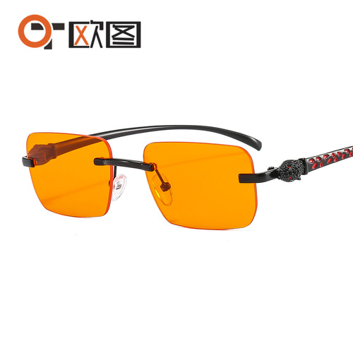 Colorful leopard head decoration frameless small square sunglasses fashion retro trend personality cross-border sunglasses 6060