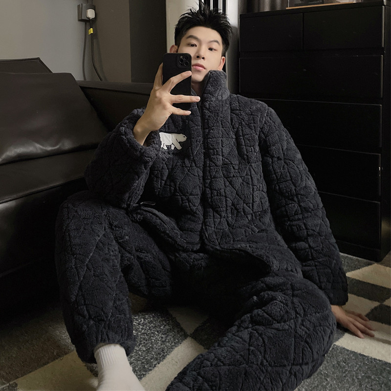 2024 otoño y invierno pijama de hombre coral de lana más lana gruesa chaqueta de algodón de transmisión en vivo manga larga conjunto de tres capas de algodón intercalado de calor
