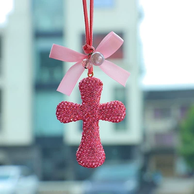 Car hanging: and women, rearview mirror decoration - pink-bow-chunky-cross-pendant