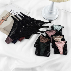 跨境外貿 蕾絲t褲女細帶鏤空拼色內褲女情趣誘惑棉檔低腰丁字褲女