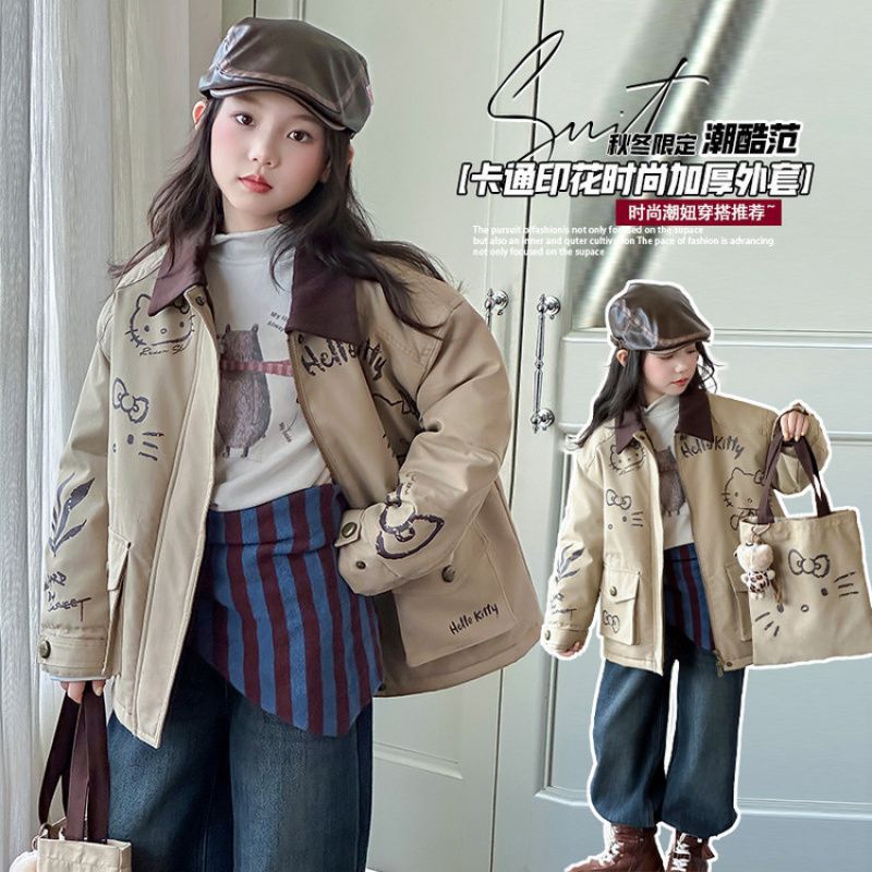 2025女童冬季韩系立领长款猫咪夹棉棉衣