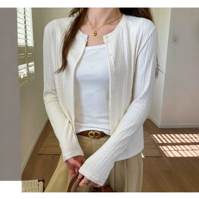 Tencel wool lazy style round neck women's autumn and winter new knitted long-sleeve outerwear slimming solid color sweater cardigan