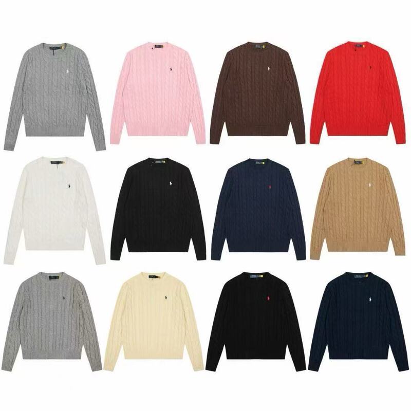 Classic RL embroidered pony design, retro cotton cable-knit sweater, unisex, round neck, for export