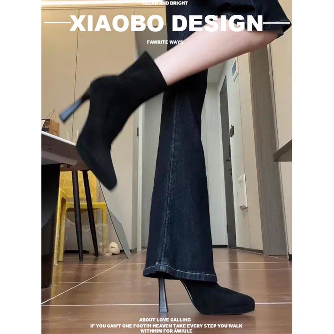 Black Pointed Toe Stretch Thick Fleece-Lined Short Women's Waterproof Platform Slimming Leg-Hugging High Heel Sock Boots_voghion.com