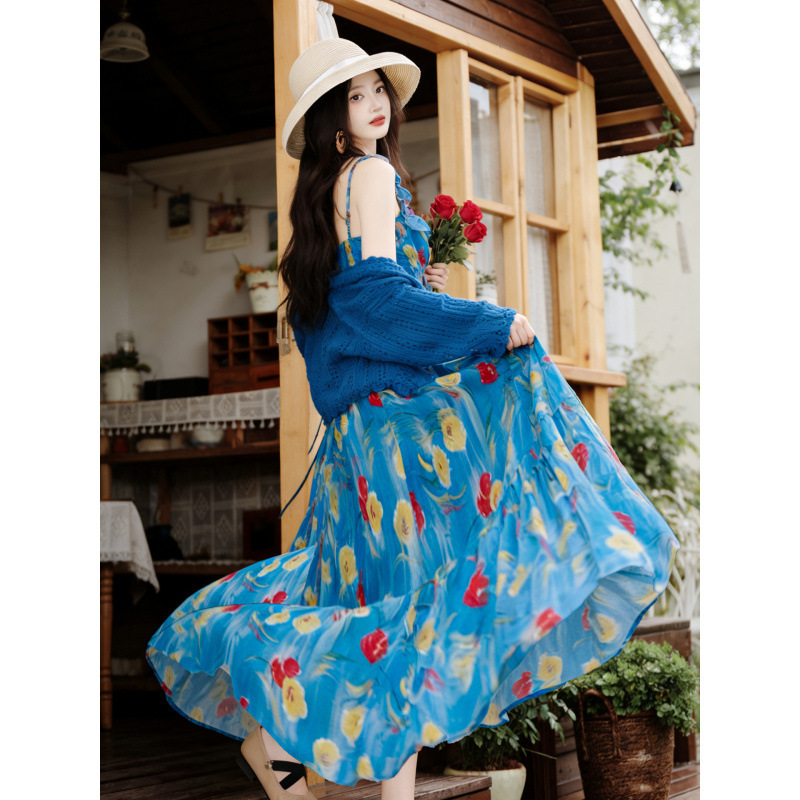 Dopamine Blue Oil Painting Floral Suspender Dress for Women Summer 2026 Super Beautiful Seaside Vacation Beach Long Dress Dopamine Blue Oil Painting Floral Suspender Dress for Women Summer 2026 Super Beautiful Seaside Vacation Beach Long Dress