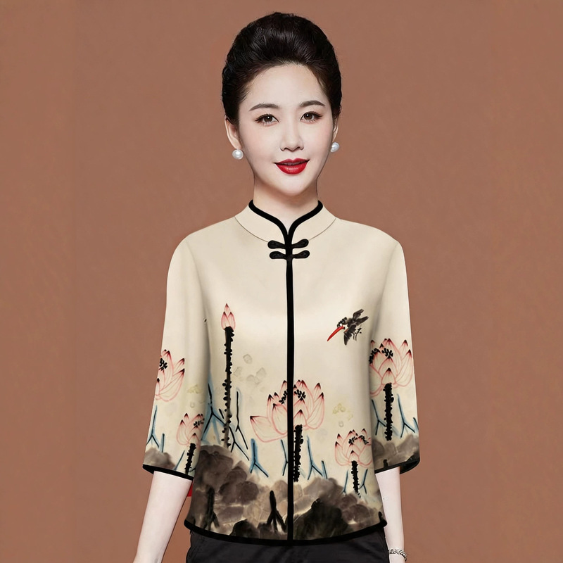 Three-quarter sleeve modified cheongsam Chinese style buttoned T-shirt women's retro printed ethnic style loose slimming top women's clothing