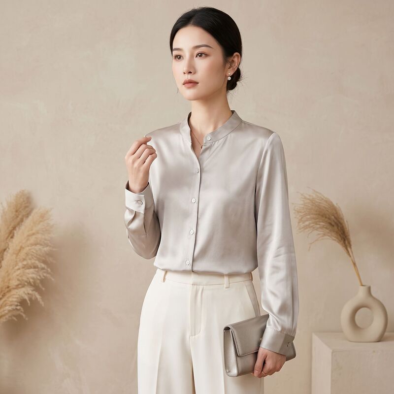 2026 Spring and Autumn New Silk Shirt for Women, Satin Long Sleeve Blouse, Elegant and Unique Mulberry Silk Top with Stand Collar Cardigan 2026 Spring and Autumn New Silk Shirt for Women, Satin Long Sleeve Blouse, Elegant and Unique Mulberry Silk Top with Stand Collar Cardigan