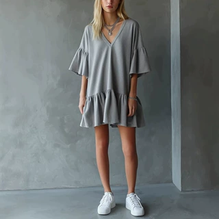 2026欧美新品现货亚马逊跨境女装夏季荷叶边v领纯色宽松短裙