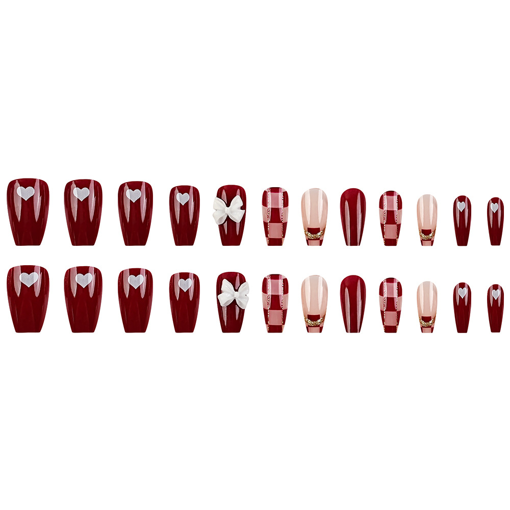 Moda atmósfera roja tablero de ajedrez hecho a mano para usar uñas amor arco de uñas 24 piezas parches de uñas terminados