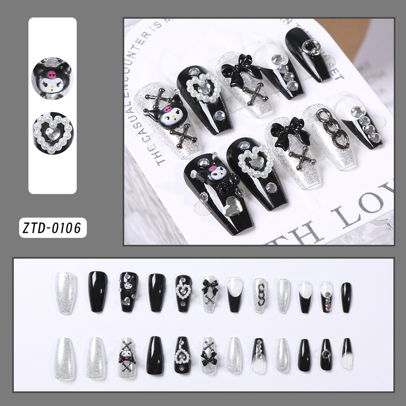 Cross-Border Kuromi Series Wearable Nails 24-Piece Set Black Bow Nail Art Sweet Cool Cartoon Wearable Nail Art Pieces Cross-Border Kuromi Series Wearable Nails 24-Piece Set Black Bow Nail Art Sweet Cool Cartoon Wearable Nail Art Pieces