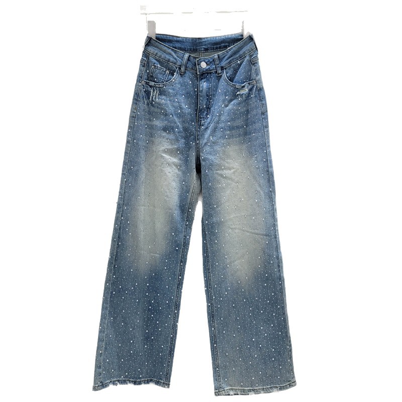 Pantalones Mezclilla Anchos con Pedrería de Mezclilla, Efecto Lavado, para Verano