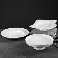 Melamine white high-stem wide-rimmed deep plate dinner plate for hotel restaurant commercial dining tableware imitation porcelain large size soup bowl stir-fry plate