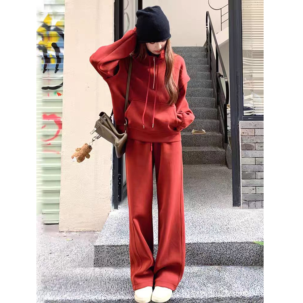 ng2510292 Pure Cotton Red Salt Sweet Style Age-Reducing Slimming Sweatshirt Sports For Women Spring And Autumn Casual Long Pants_ecoleips.com