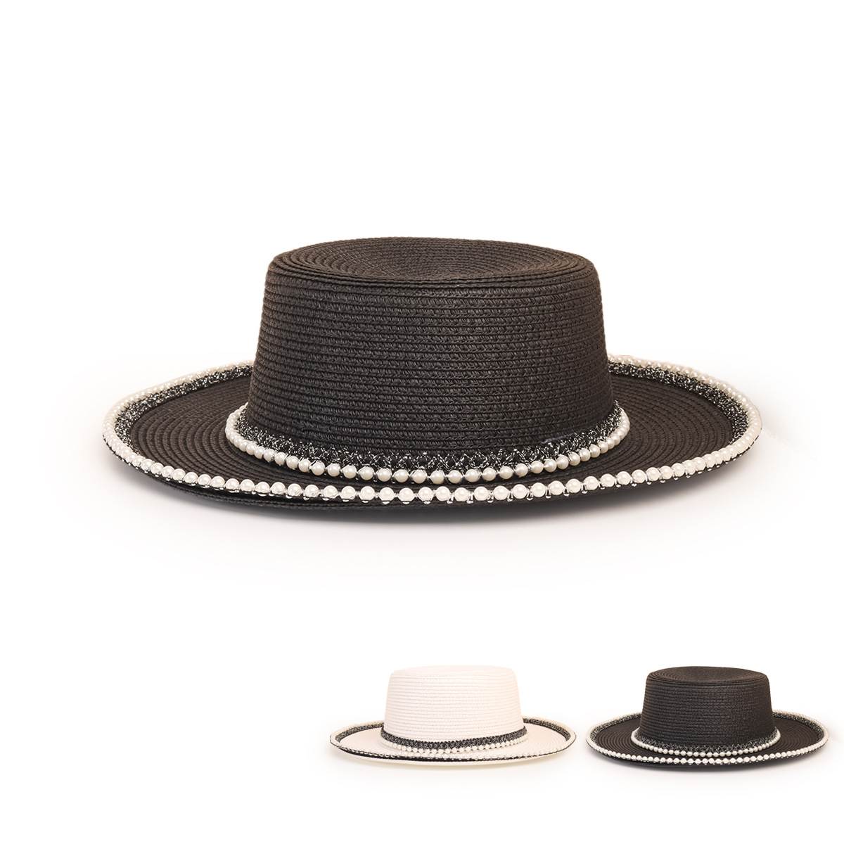 Wholesale Fashion Wide-brimmed Pearl-rim Flat Straw Hat Nihaojewelry display picture 1