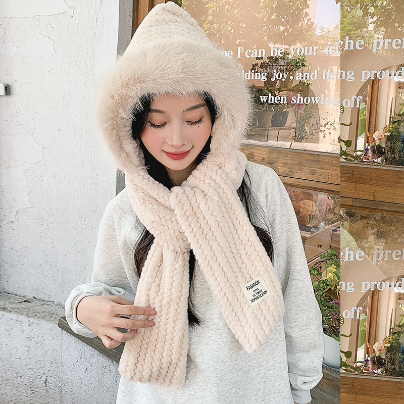 Autumn and Winter Plush Women's Large Headband Windproof Ear Scarf One Piece Hooded Thickened Warm Woolen Hat_voghion.com