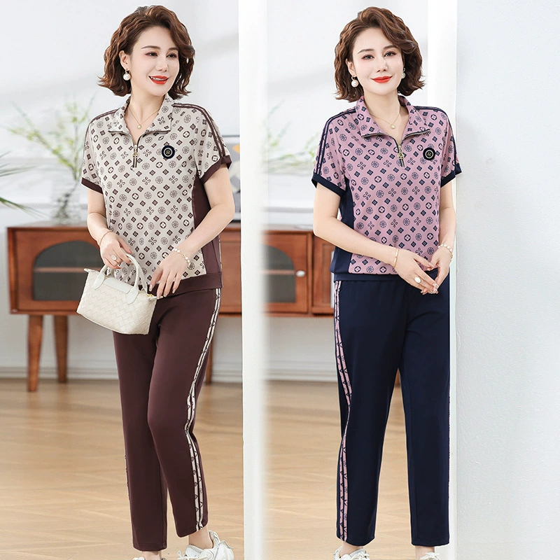 Летний костюм для новоиспеченной мамы 2025 года, модный топ-двойка, летняя футболка с коротким рукавом для женщин среднего и пожилого возраста