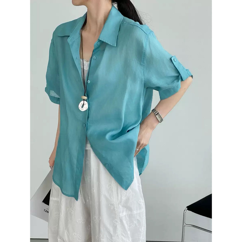 That's Why Ramie Special Blue Summer Sun-Protective Loose Shirt for Women in an Instagram Style, Made of Lyocell Fabric, 6255