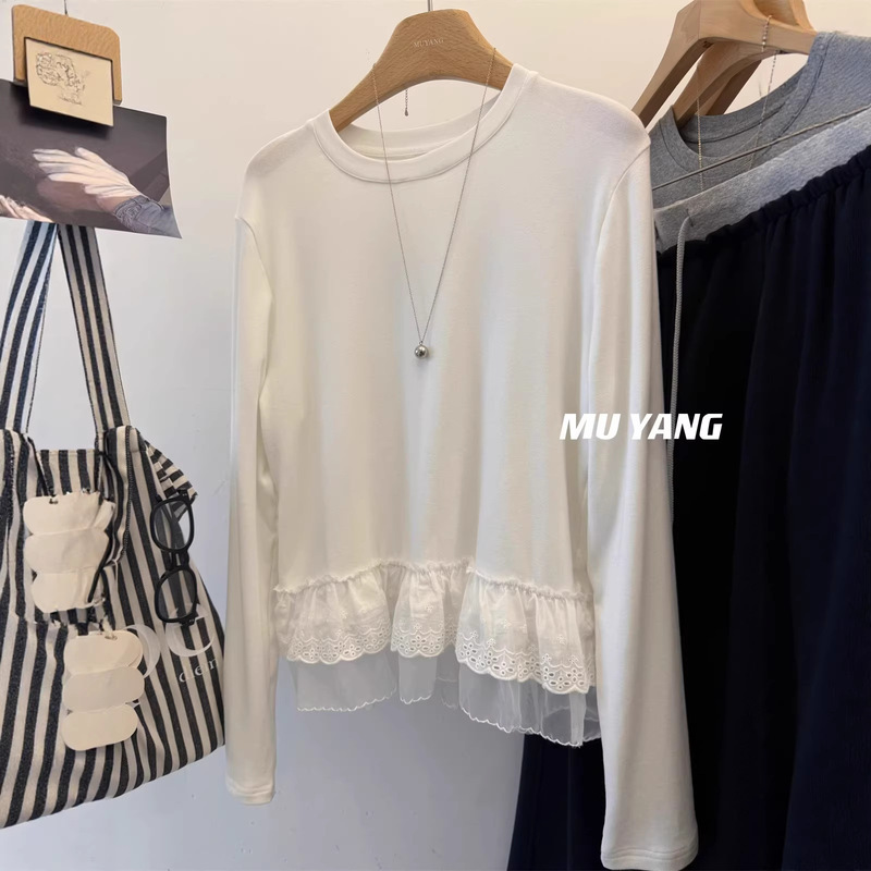 Slightly Plump Figure 85kg Elegant Lace Skirt with Round Neck Pure Cotton Long-Sleeved White T-Shirt Comfortable Base Layer Top New Style Slightly Plump Figure 85kg Elegant Lace Skirt with Round Neck Pure Cotton Long-Sleeved White T-Shirt Comfortable Base Layer Top New Style