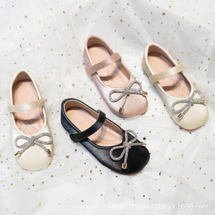 Girls' Shoes 2024 New Spring and Autumn Fashion Rhinestone Bow Princess Shoes Fashionable Little Girls Leather Shoes Soft Sole Shoes