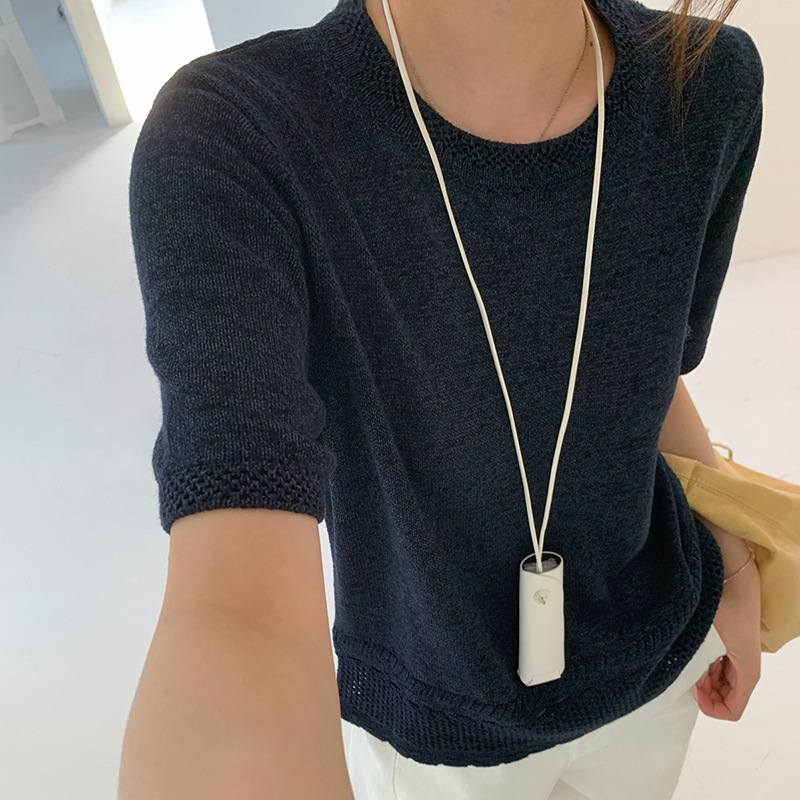Double-floral crochet high-end and paper yarn 7-needle hollow-out 2026 summer new cool short-sleeve knit top for women
