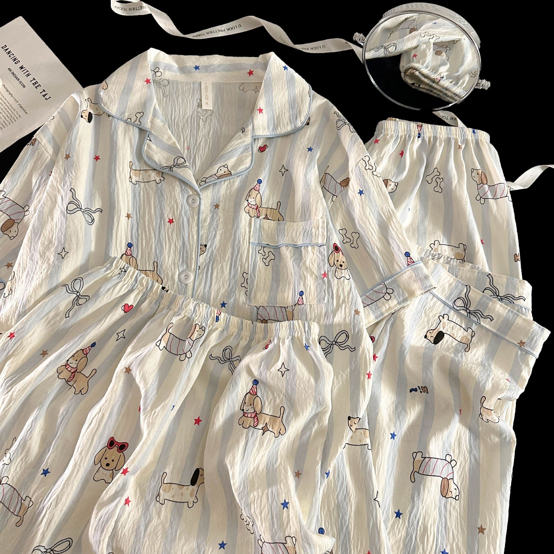 Verano transfronterizo nuevo estilo cómodo nube de algodón de tres piezas solapa pantalones cortos de manga corta pantalones ropa a domicilio traje de pijama de mujer