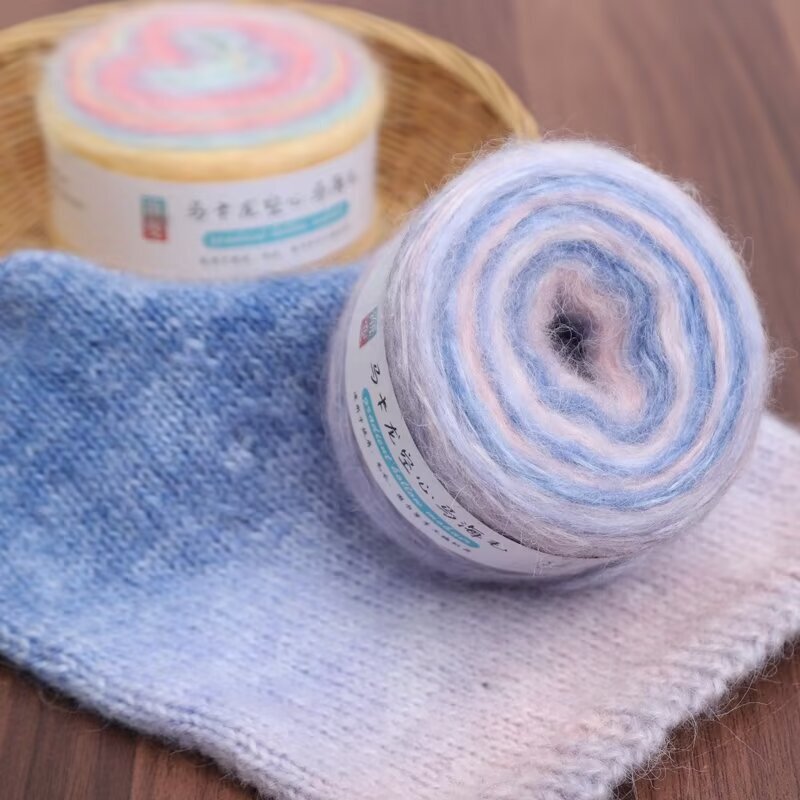 Gradient Color Wool Rainbow Section Dyed Macaron Hollow Mohair Handmade DIY Crocheted Sweater Jacket Scarf Thread