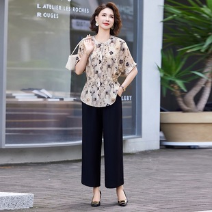 Summer Mom Short Sleeve Set 2025 New Style for Middle-Aged and Elderly Women, Fashionable Large Size Printed Two-Piece Set for Mothers-In-Law