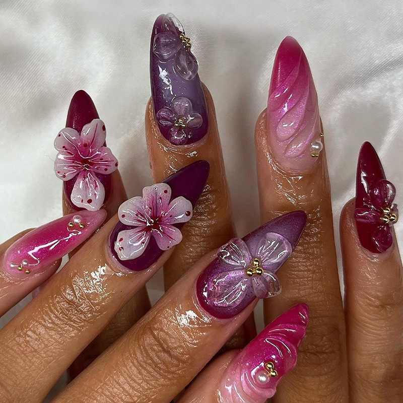 Simple Nail Art Patch Removable Nail National Style French Fake Nail Stereo Flower Wear Nail Art Pieces Drill