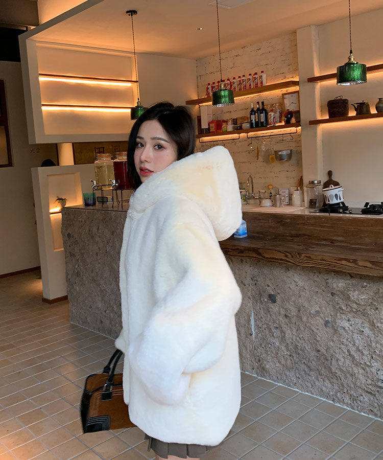 Áo khoác nữ mùa đông dày có mũ trùm đầu, chất liệu lông cừu giả lông thỏ, chần bông, dáng thông thường dài 50–65 cm — Kiểu dây kéo có mũ trùm đầu, Kiểu dây kéo cổ đứng chi tiết 19