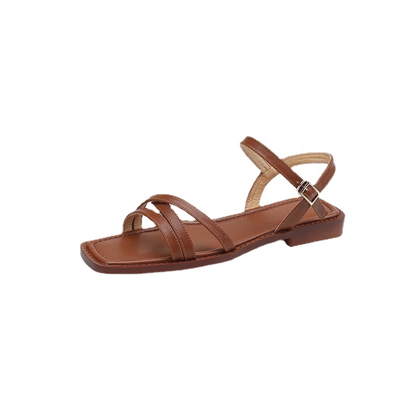 Dép sandal nữ đế bệt mũi vuông hở ngón da bò một quai khóa ngang — Màu nâu