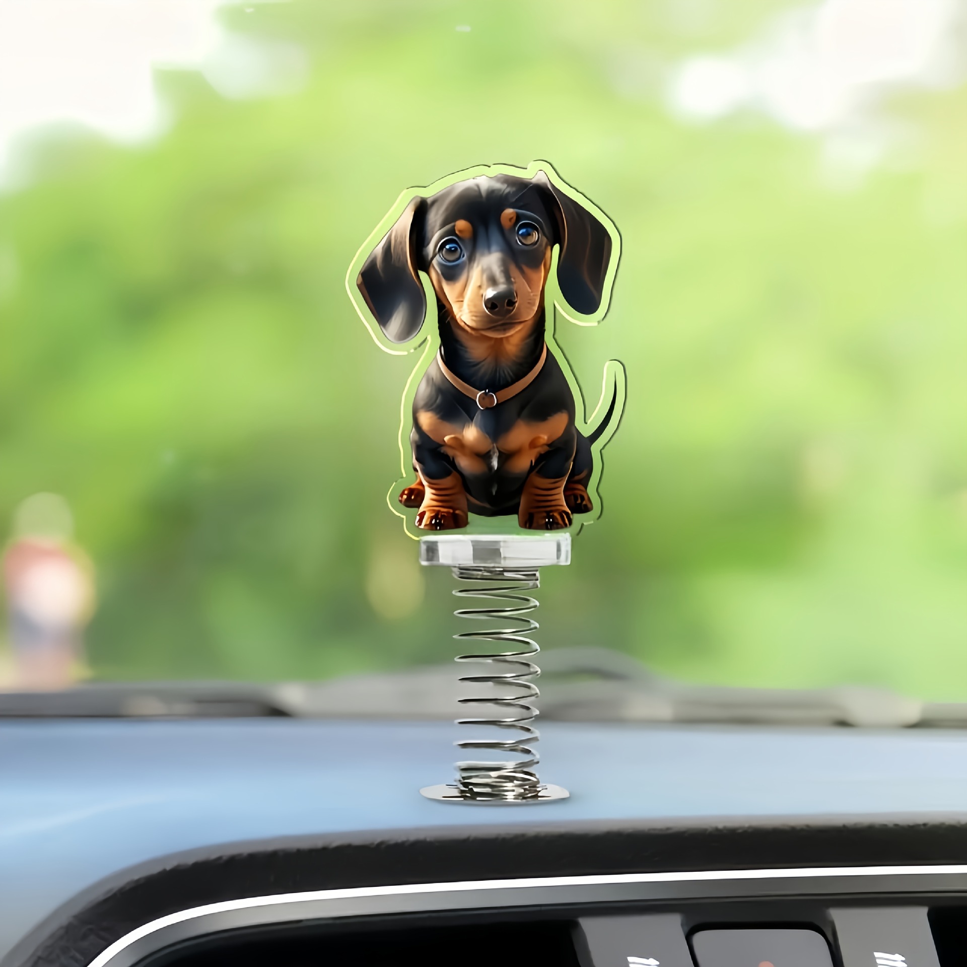 Amazon nuevo estilo encantador acrílico plano lindo perro resorte coche espejo retrovisor mochila o llavero colgante