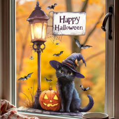 Aike JD3492 ハロウィンレトロ街路灯魔法の帽子小さな黒猫ウィンドウステッカーバルコニーガラスドアと窓静電ステッカー
