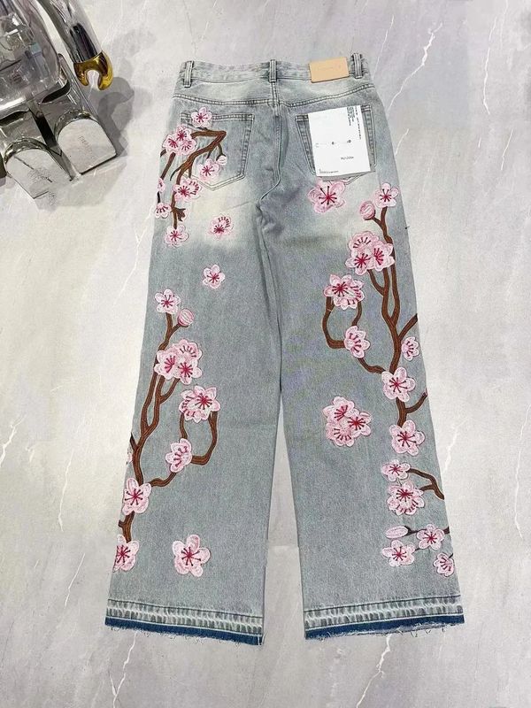 ヨーロッパとアメリカのクロスボーダーストリートゴシックスタイル桜刺繍ジーンズy2k男性と女性の同じスタイルのレトロファッションストレートパンツ|undefined