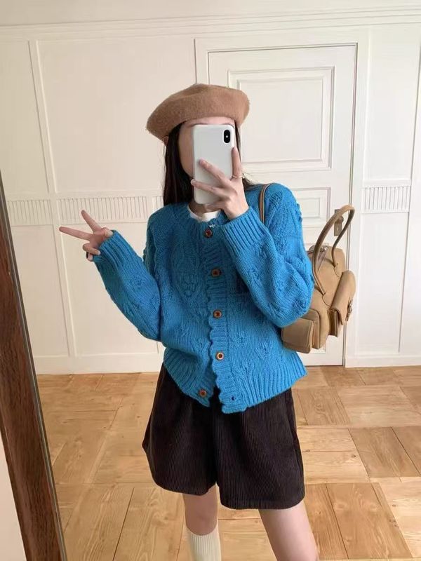 韩国小众毛衣复古花边钩花蓝色针织开衫女秋冬新款小个子毛衣外套|undefined