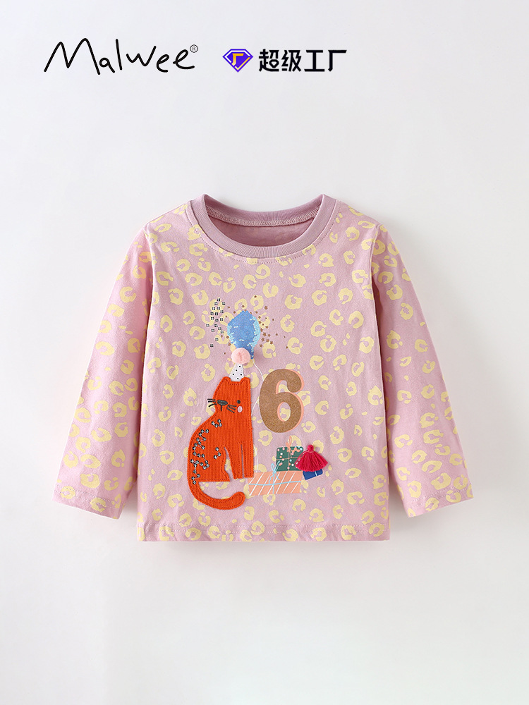 Malwee niñas vestidos de otoño de cuello redondo nuevos niños europeos y estadounidenses de manga larga camiseta de niña pequeña camiseta