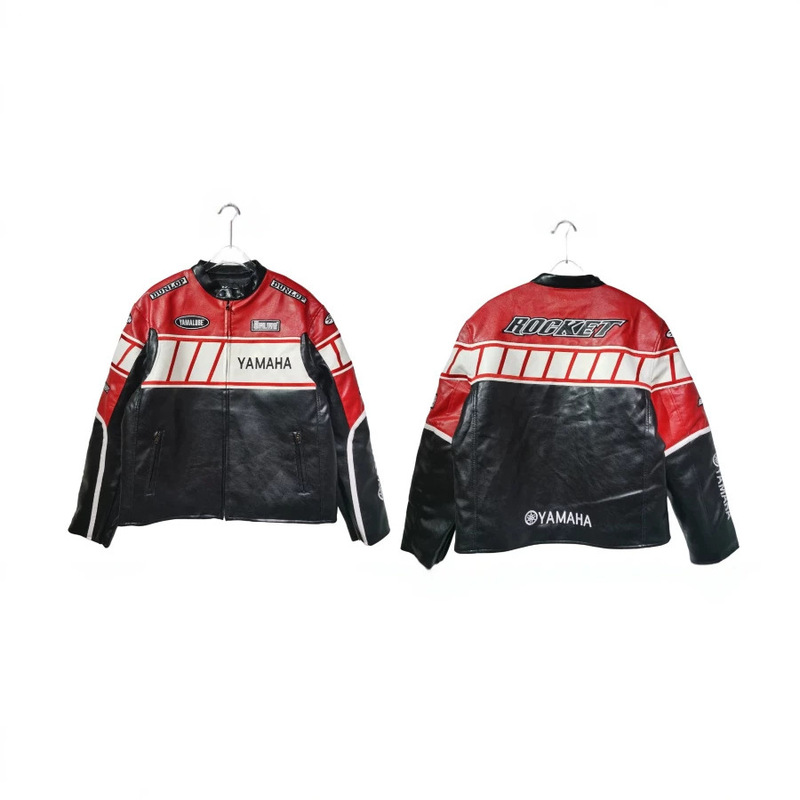 American Retro Yamaha Racing Style Pu Leather Jacket with Heavy Embroidery, Motorcycle Clothing, High Street Fashion Brand, Loose-Fitting Outerwear