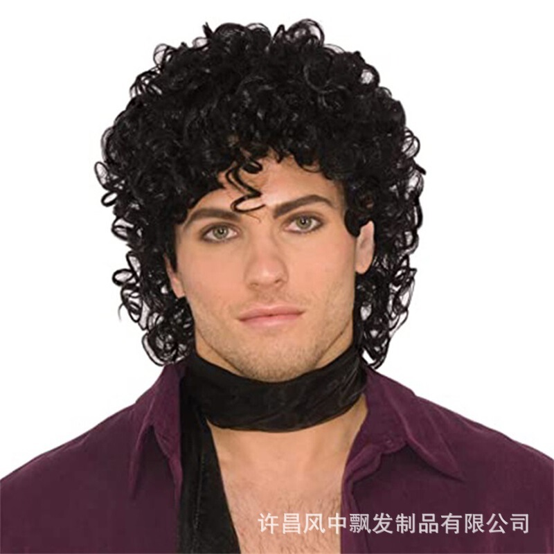 Men's short curly hair black rock style wig 80 s European and American retro punk style full head cover