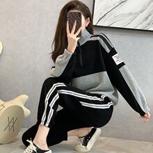 【不加绒/加绒】纯棉休闲运动服套装女春秋季拼色卫衣卫裤两件套