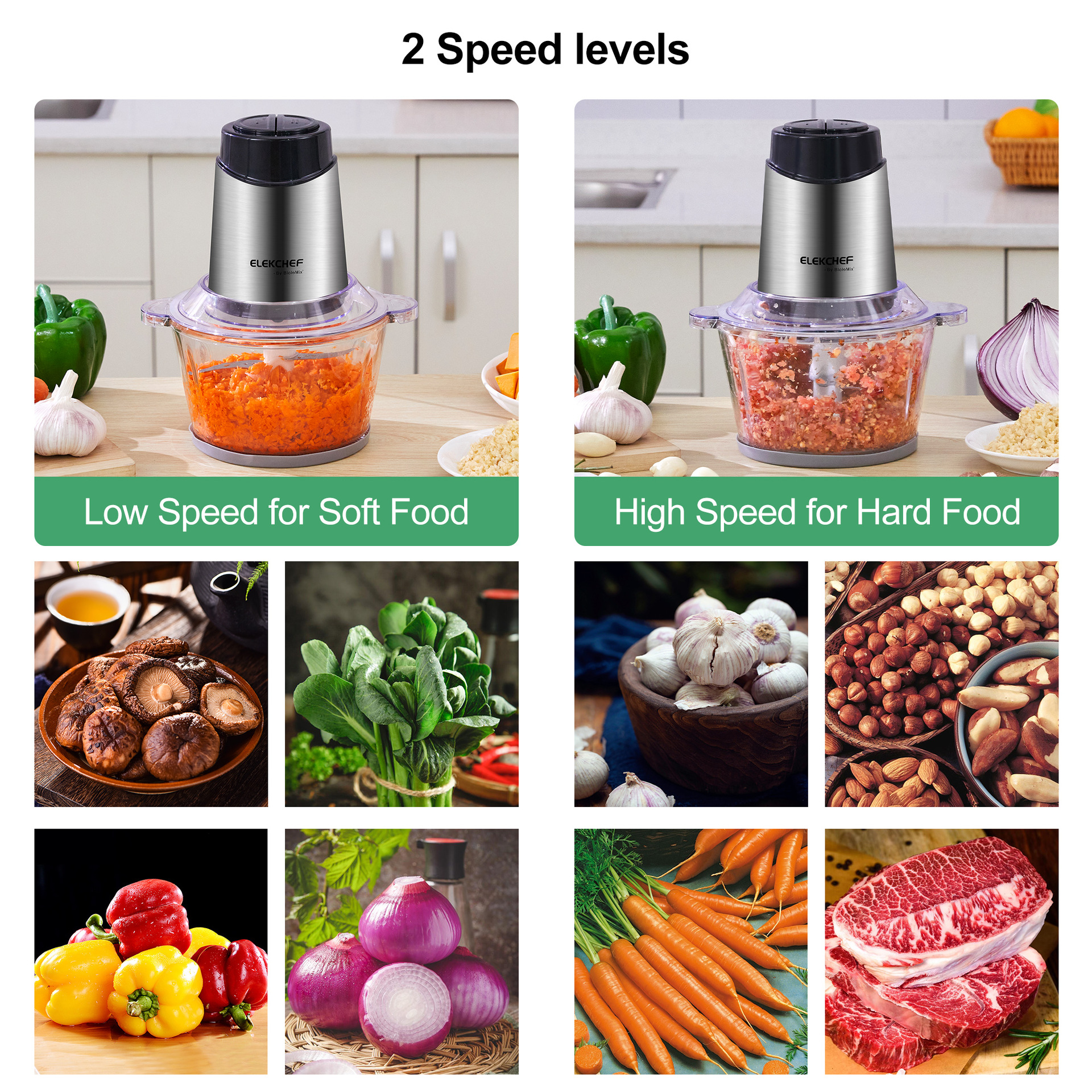 BioloMix Picadora de carne 2L de gran capacidad de dos velocidades tazón de vidrio picadora de carne máquina de alimentos Meat Grinder