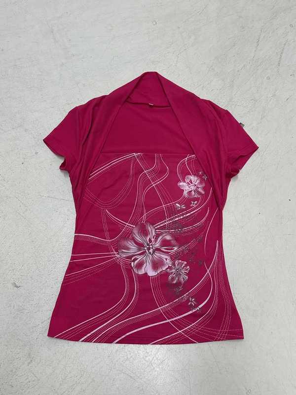 2025 アメリカンレトロナショナルトレンドプリントショルダー半袖 Tシャツサブカルチャーパーソナリティホットガールフェイクツーピースレディーストップ|undefined