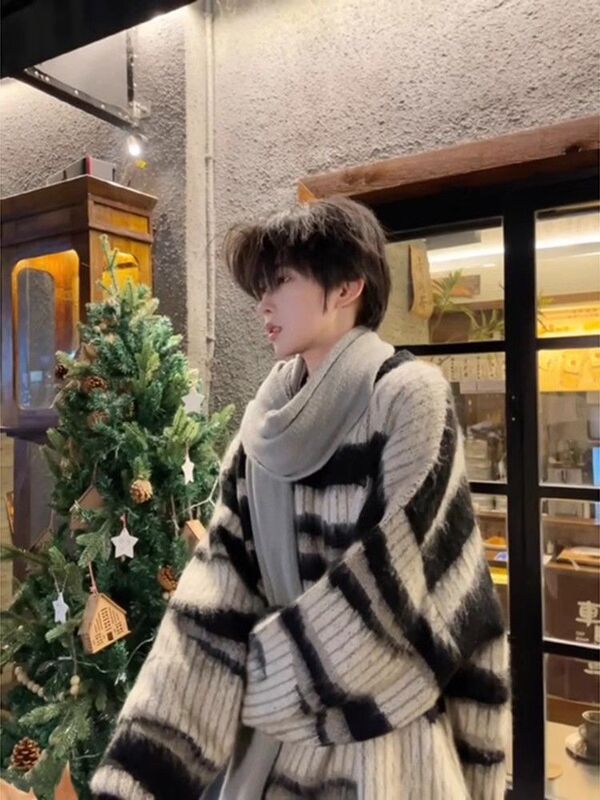 American Style Black and White Striped Mohair Sweater Men's Autumn and Winter Lazy Wind Relaxation Wear Couple's Sweater Jacket