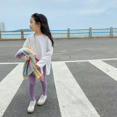 Girls spring long-sleeved T-shirt 2024 new children's pure white slit bottoming shirt tops for older children