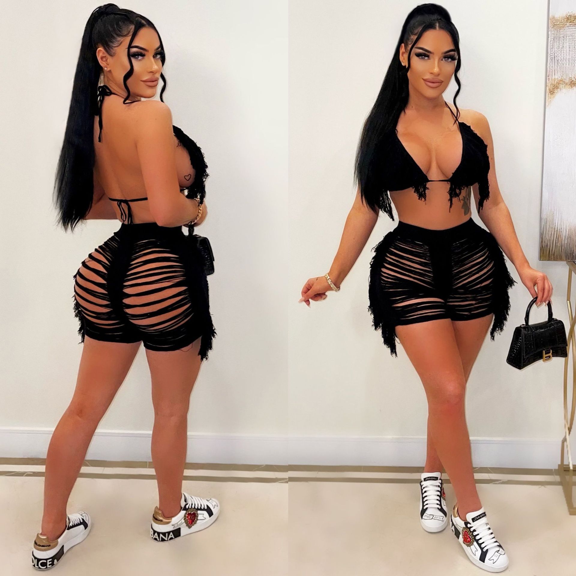 Women'S Gender Tassel, Hollow Out Design Sexy Style Holiday Women'S Sexy Solid Color Polyacrylonitrile Fiber Tassel Hollow Out Shorts Co-ord Set Shorts Sets