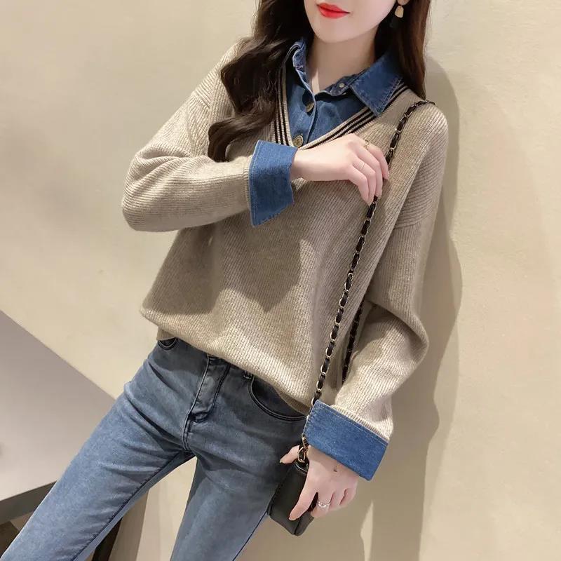 Fake Two-piece Stitching Denim Shirt Collar Sweater Women's Autumn New Knitted Loose All-match Base Shirt Top Women's Outer Wear