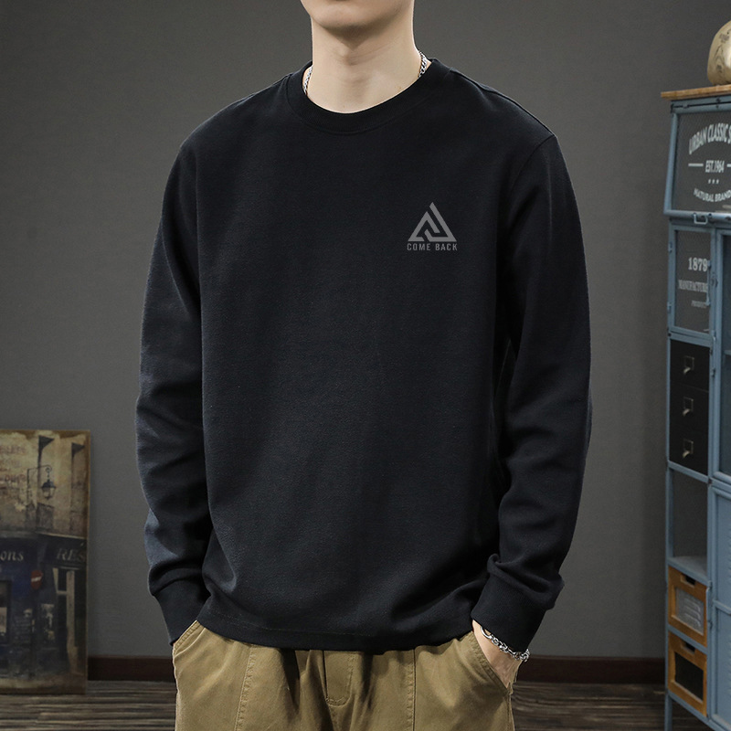 2026 Autumn Casual Long-Sleeve Printed T-Shirt for Men, Pure Cotton, Large Size, Loose Fit, Heavyweight Crew Neck, Trendy