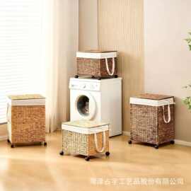 跨境手工编织收纳篮带轮子可移动脏衣篮商用饭店衣服收纳筐洗衣篮